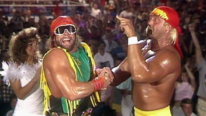Hulk Hogan and Randy Savage standing as rivals and partners.