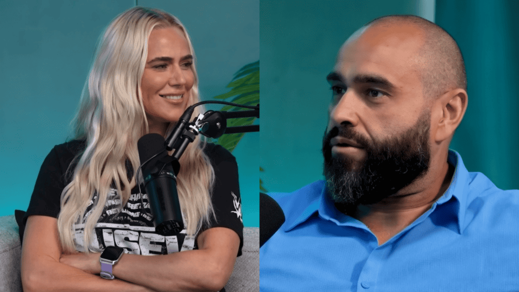 CJ Perry and Rusev during a podcast interview
