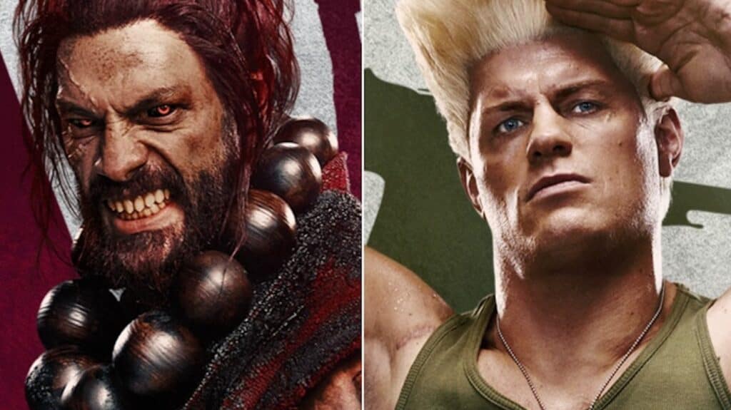 Roman Reigns as Akuma and Cody Rhodes as Guile in the 2026 Street Fighter movie character posters