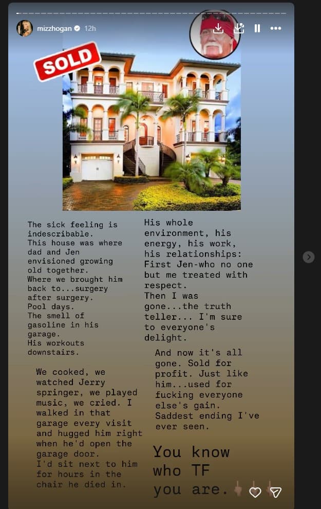 Brooke Hogan's Instagram story about the sale of Hulk Hogan's Clearwater home