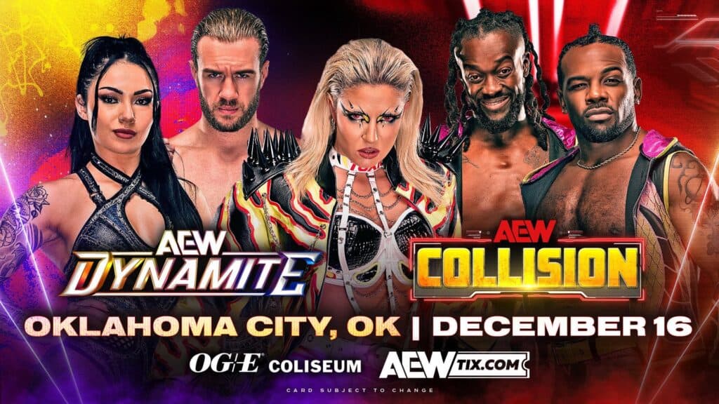 AEW Dynamite and Collision poster for Oklahoma City on December 16 at OG&E Coliseum, featuring Thekla, Will Ospreay, Skye Blue, Kofi and Austin Creed