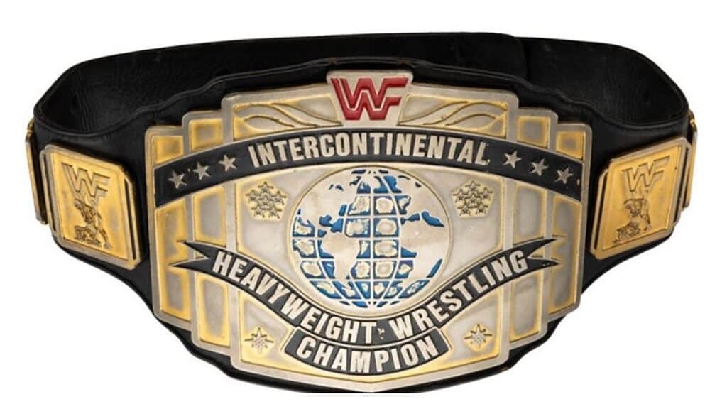 The 1985-88 WWF Intercontinental Championship belt with the red WWF logo, held by Tito Santana, Randy Savage, Ricky Steamboat and The Honky Tonk Man