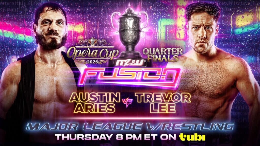 MLW Fusion graphic for Austin Aries vs. Trevor Lee in the 2026 Opera Cup quarterfinals, Thursday 8 PM ET on Tubi