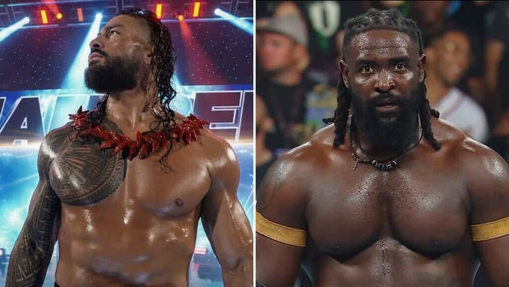 Roman Reigns on the left and Oba Femi on the right