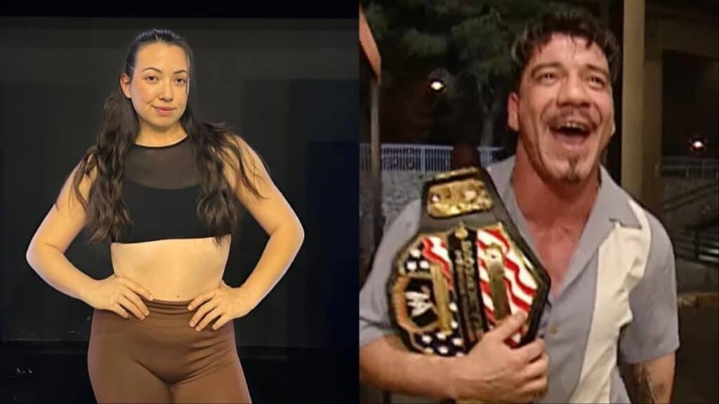 Sherilyn Guerrero at Reality of Wrestling, left, and her father Eddie Guerrero holding the WWE United States Championship, right