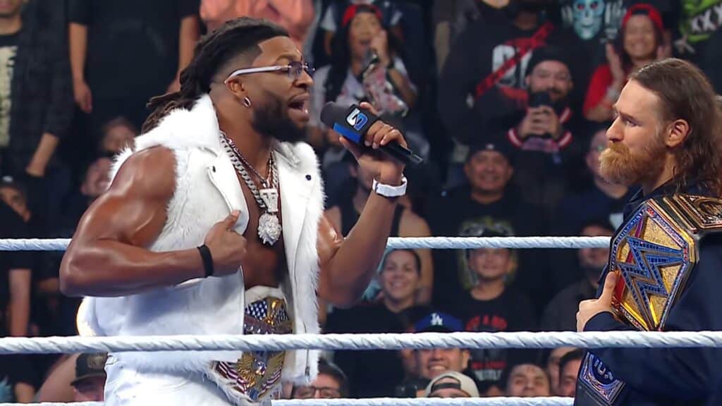 Trick Williams speaks to Undisputed WWE Champion Sami Zayn in the ring on the October 23, 2026 WWE SmackDown in Ontario, California